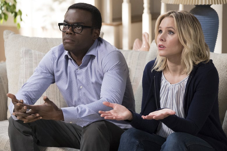 William Jackson Harper and Kristen Bell in The Good Place.